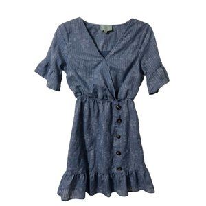 Skies Are Blue Blue White Outline Flowers Faux Wrap Dress Size XSmall